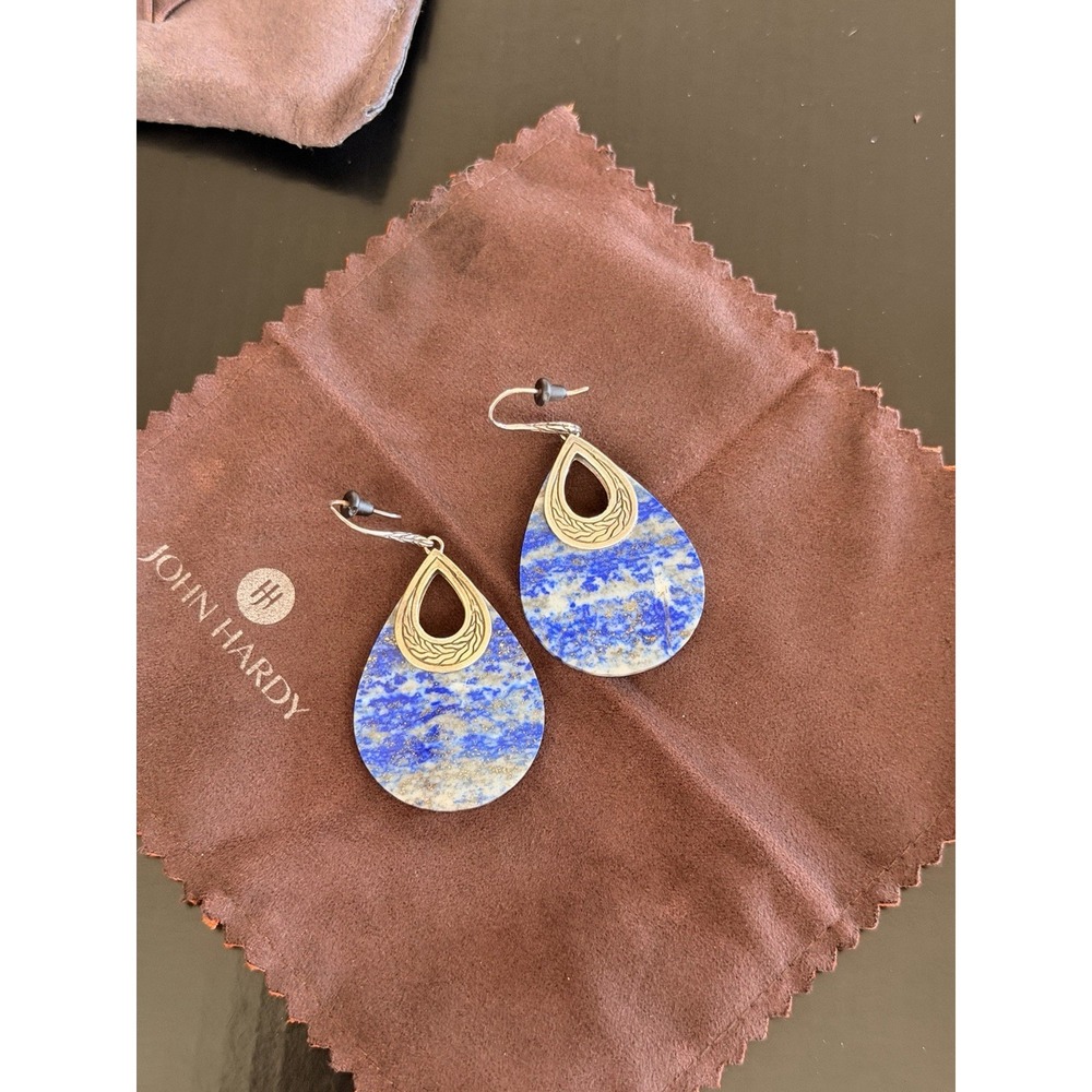 John Hardy Sterling Silver 925 Lapis Lazuli Teardrop Dangle Earrings w Pouch